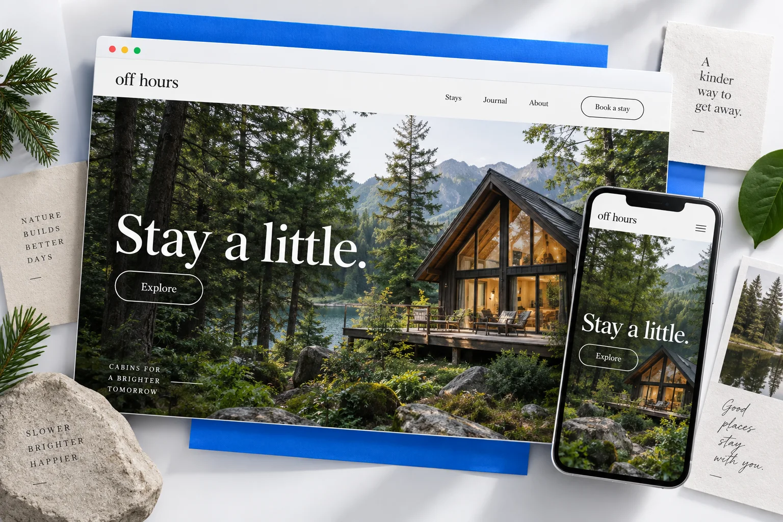 An illustrated retreat website designed together for desktop and mobile