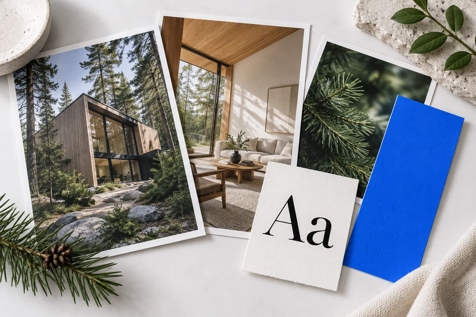 A collection of photographs, a blue color swatch, and a typography sample ready to inspire a website